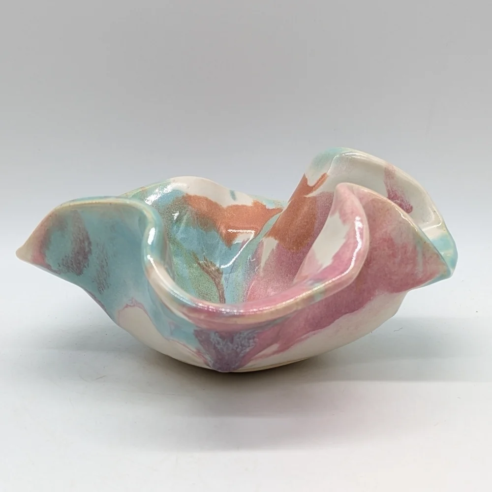 Handthrown Pink Blue Orange Ceramic Abstract Ruffle Edge Dish